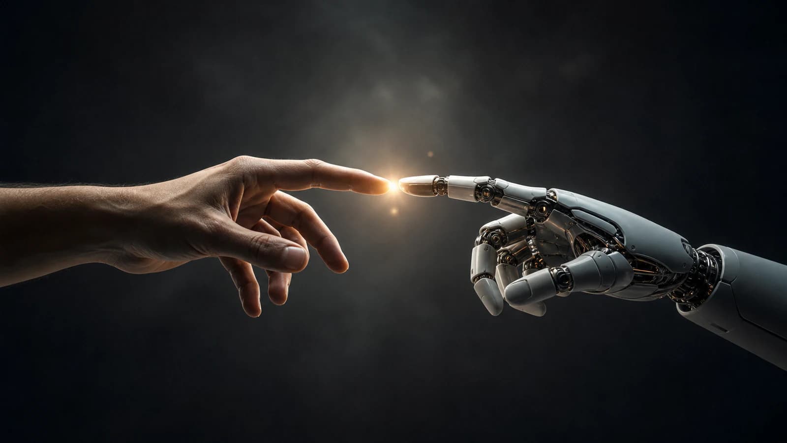 An AI-generated editorial image of a human hand and a luminous technological hand reaching towards one another