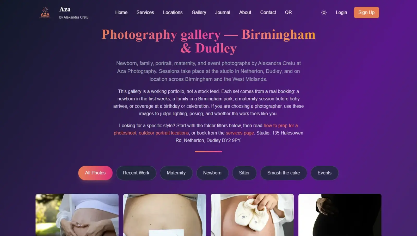 AZA Photography gallery in dark mode with photography category filters