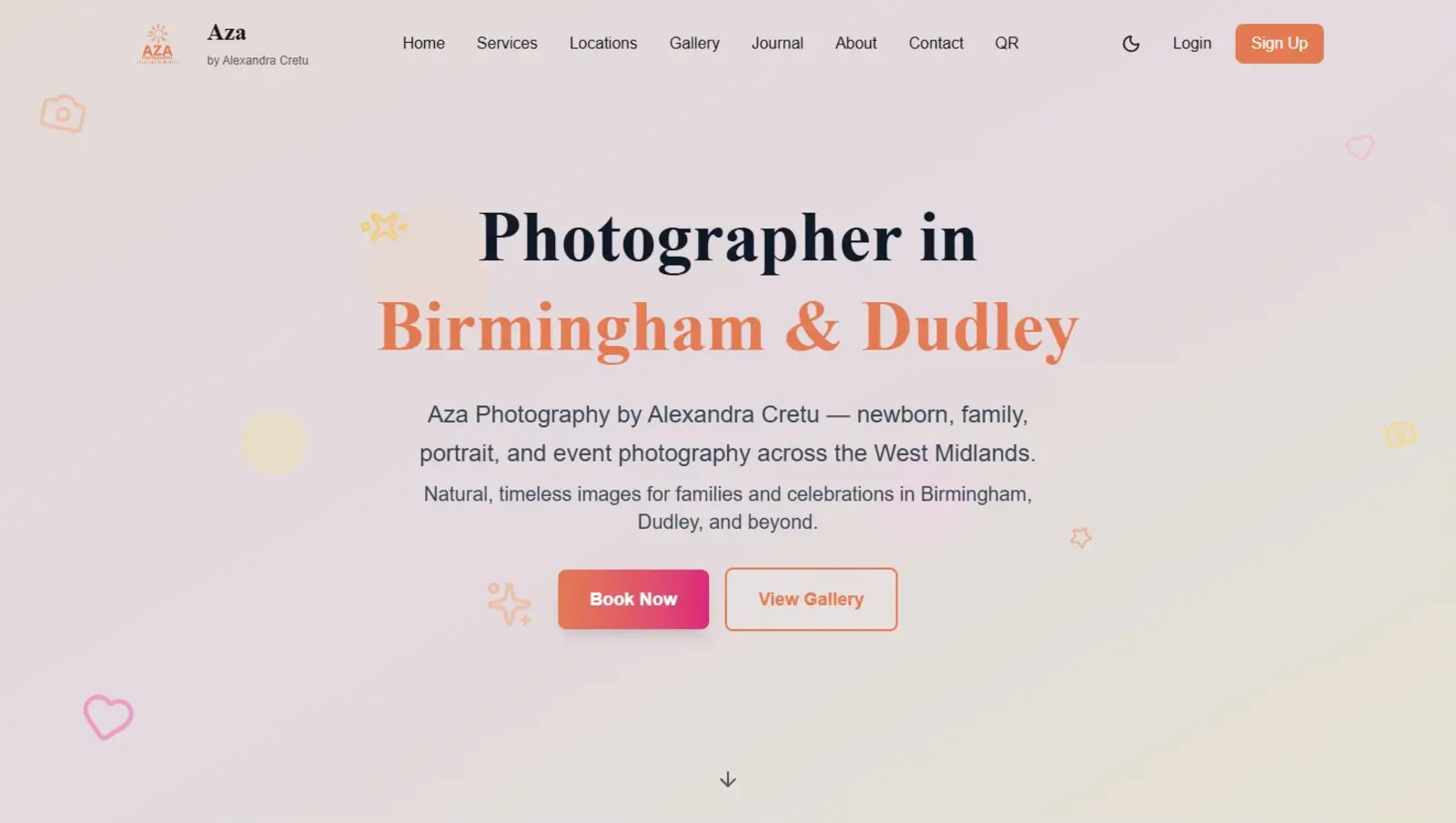 AZA Photography homepage in light mode with booking and gallery actions